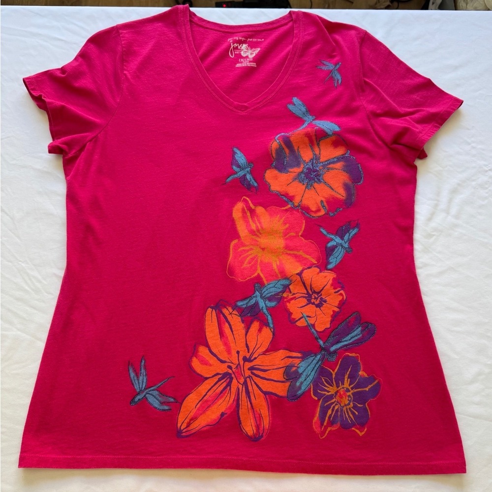 Just My Size Hanes Top Women's 1X 16W Plus Tee Pink Floral Glitter